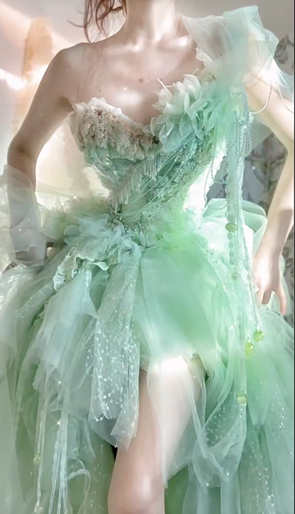 Stunning Green Ball Gown Strapless Floral Exquisite Beaded Tulle Prom Dress with Slit DP3819