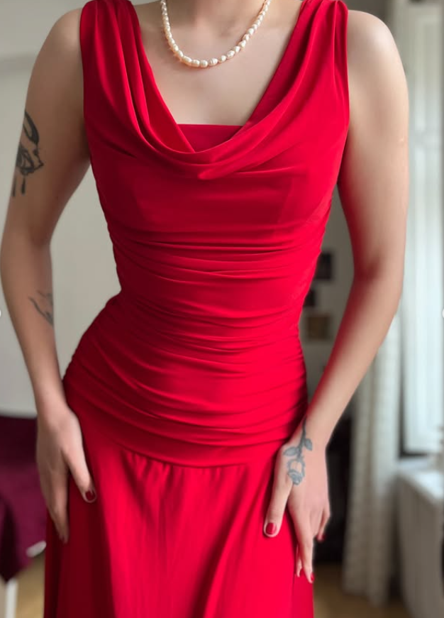Simple Red A Line Pleated Satin Prom Dress Evening Dress Date Dress DP5709
