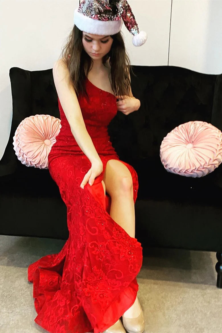 Mermaid One-Shoulder Red Lace Appliques Tulle Long Prom Dress with Slit DP1145