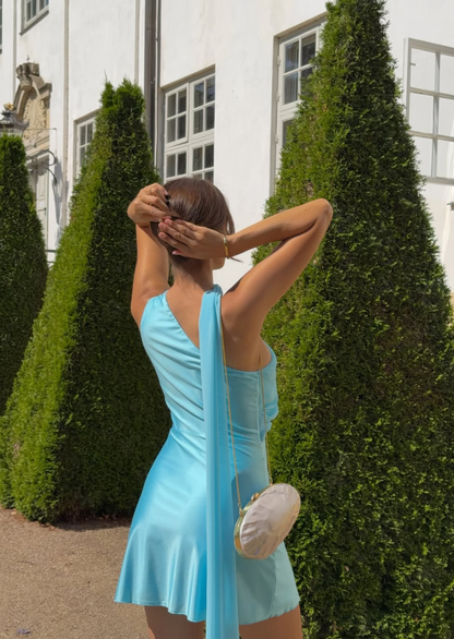 Bright Blue A Line One Shoulder Satin Chiffon Backless Short Homecoming Dress Outfits DP6157