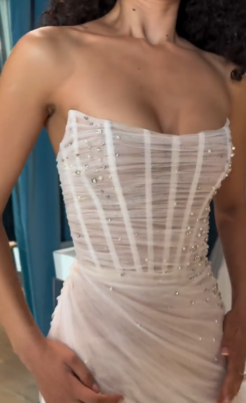 Stunning Mermaid Strapless Beaded Pearl Corset Tulle Satin Long Wedding Dress DP4308