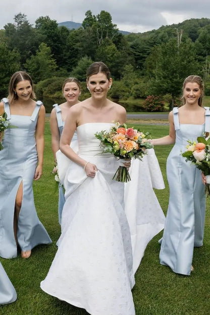 Mermaid Straps Bows Pleats Satin Sleeveless Long Bridesmaid Dress with Slit DP5553