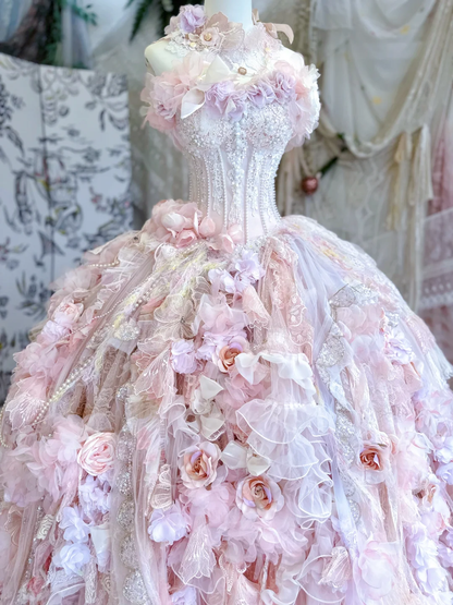Pink Ball Gown Sweetheart Neck Floral Beaded Layered Tulle Prom Dress 16th Birthday Dress DP3772