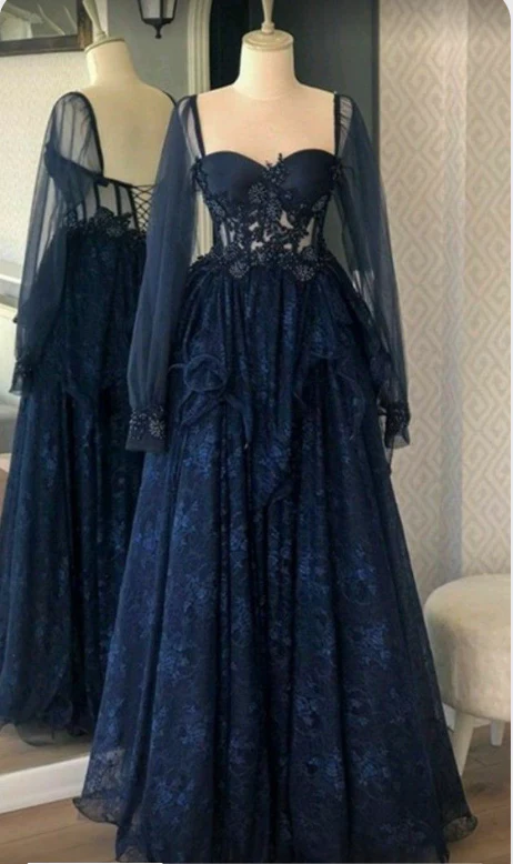 Navy Blue Sweetheart Neckline Long Sleeves Lace Party Dress Formal Prom Dress Evening Dress DP217