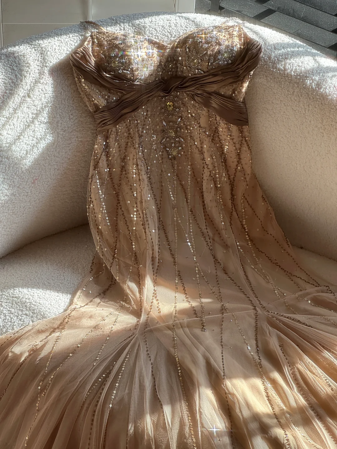 Stunning Mermaid Spaghetti Strap Rhinestone Sequin Brown Chiffon Prom Dress Party Dress DP2577