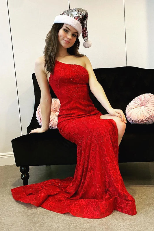 Mermaid One-Shoulder Red Lace Appliques Tulle Long Prom Dress with Slit DP1145