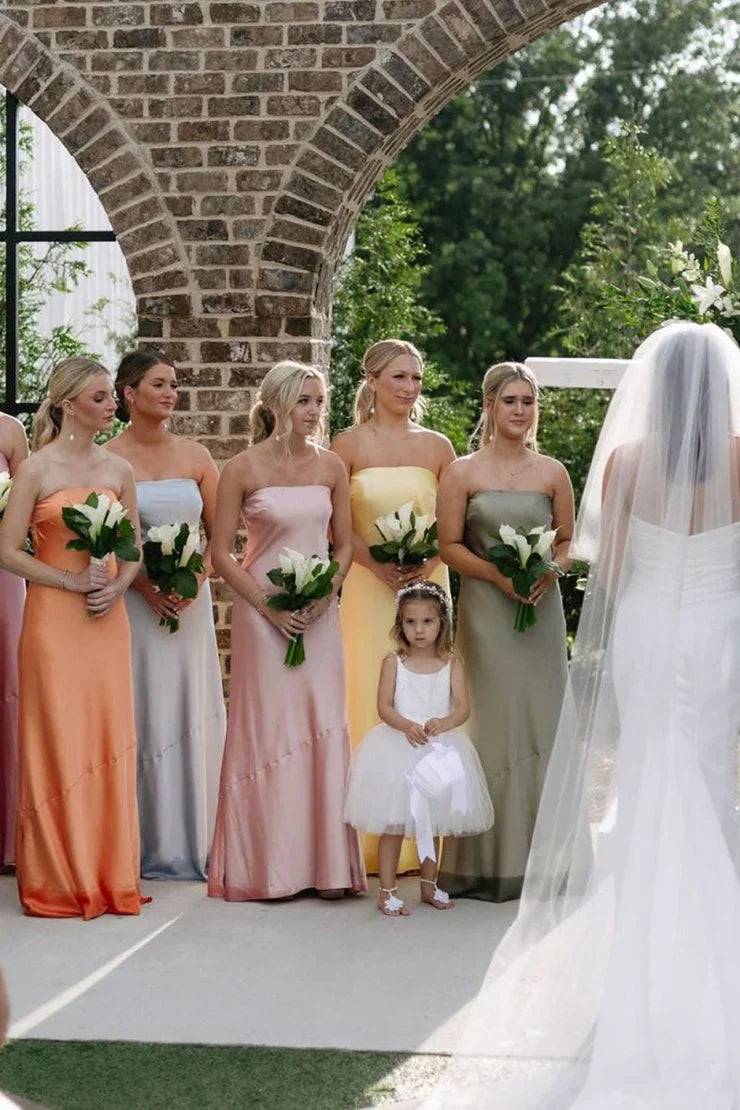 Yellow Sheath Strapless Colorful Silk Satin Long Bridesmaid Dresses DP5569