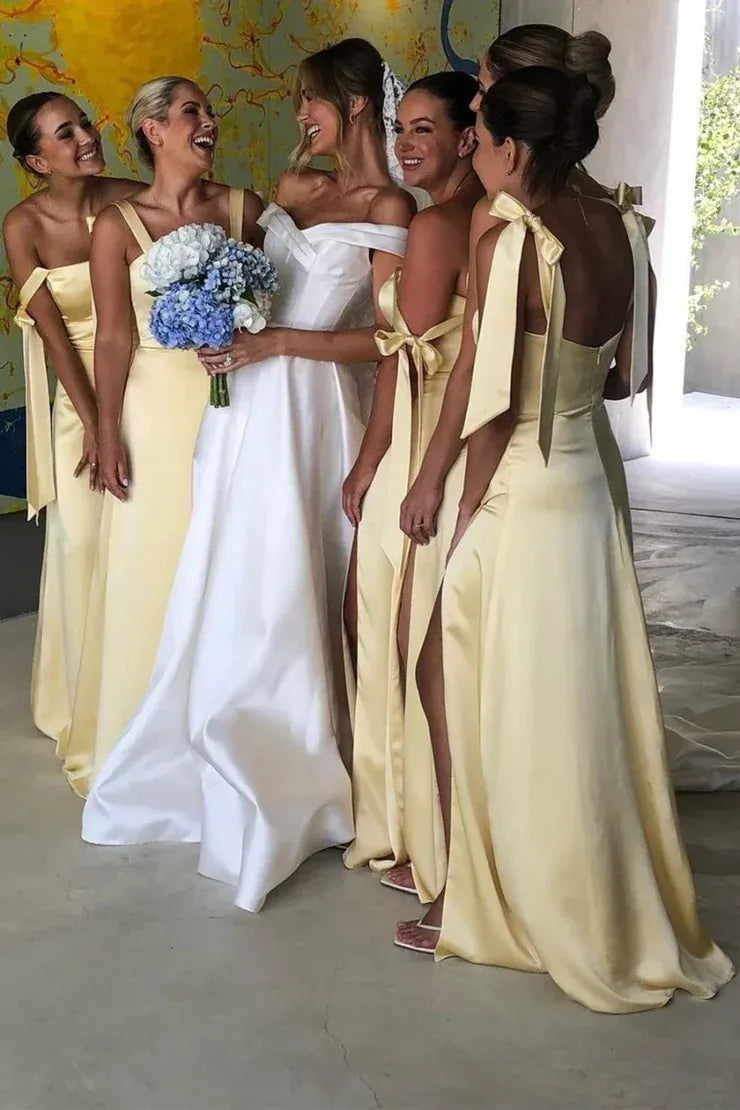 Sheath Straps Yellow Satin Long Bridesmaid Dresses with Slit DP5554