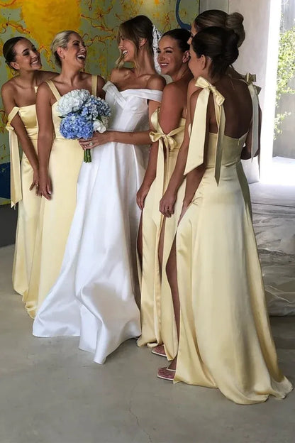 Sheath Straps Yellow Satin Long Bridesmaid Dresses with Slit DP5554