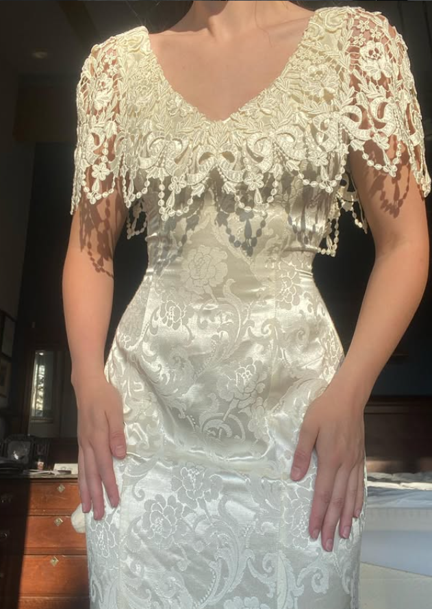 Vintage Elegant Mermaid V Neck Print Floral Satin Wedding Dress Prom Dress DP5533