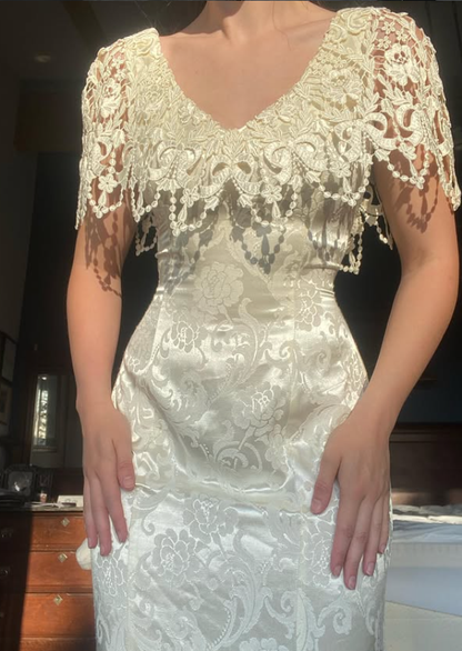 Vintage Elegant Mermaid V Neck Print Floral Satin Wedding Dress Prom Dress DP5533