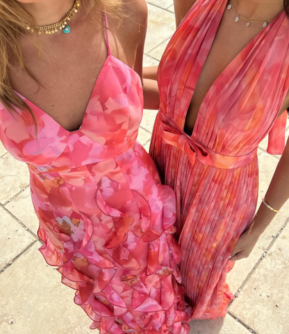 Pink Sheath Straps Print Floral Ruffle Chiffon Long Prom Dress Graduation Prom Dress DP4960