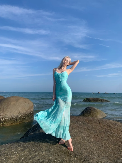 Blue Mermaid Spaghetti Straps Chiffon Long Vacation Dress Outfits DP3847