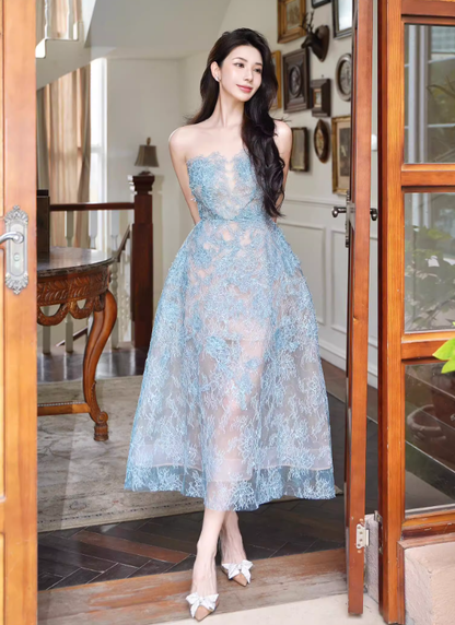 Gentle Blue A Line Strapless Lace Prom Dress Party Dress Date Dress DP4459