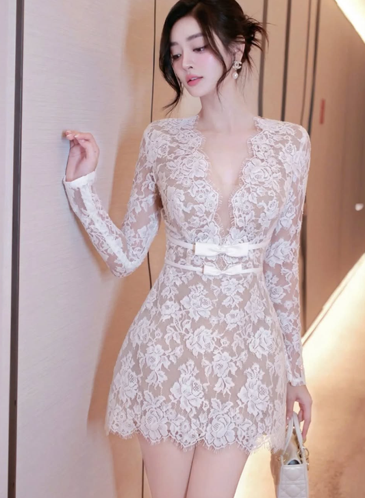 Sexy A Line V Neck Long Sleeve Lace Short Homecoming Dress Evening Dress DP1568