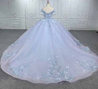 Beautiful 3D Flowers Prom Dress Purple Tulle Butterflies Beaded Quinceañera Dress Sweet Sixteen Pageant Long Party Gown DP188