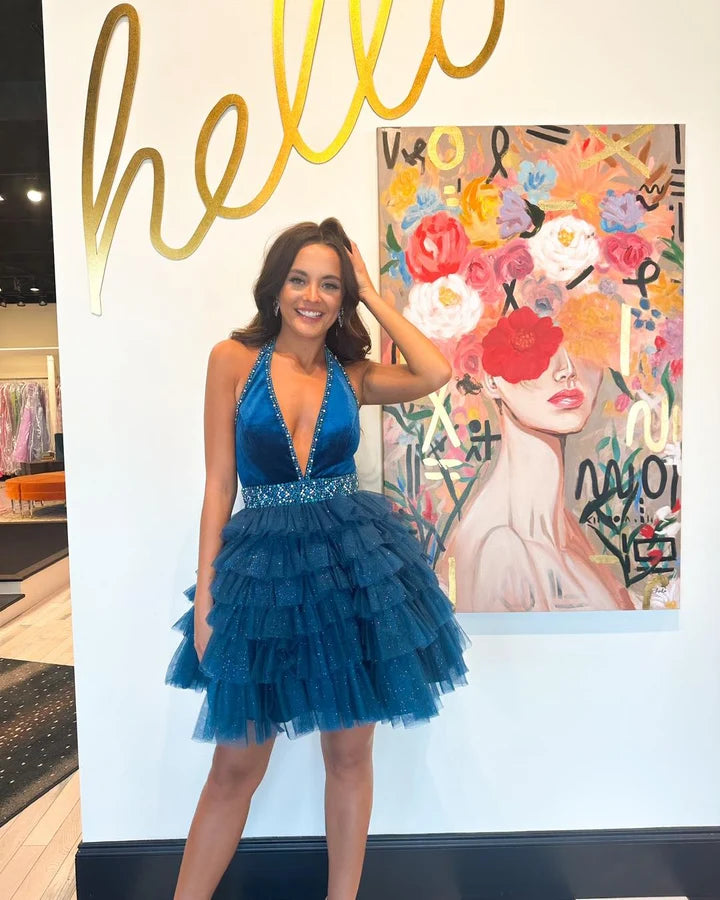 Stylish A Line Halter Neck Blue Short Homecoming Dress with Beading Ruffles DP7224