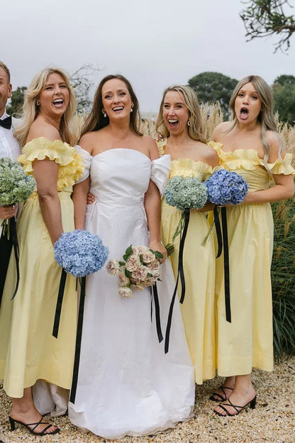 Yellow Off the Shoulder Ruffle Cotton Ankle Length Bridesmaid Dresses DP5564