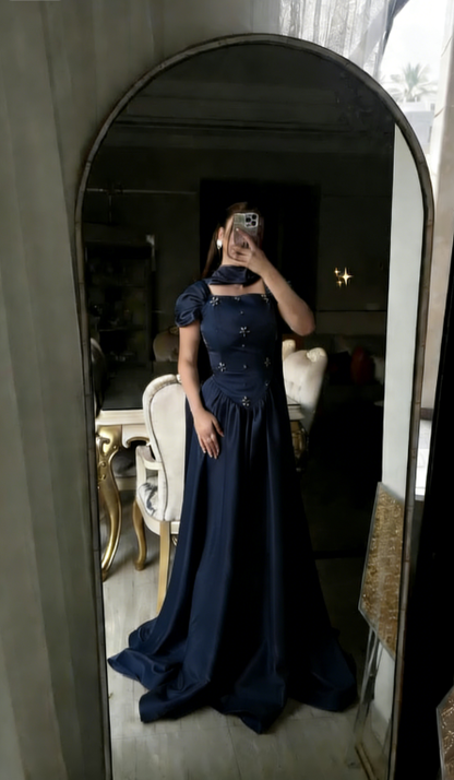 Elegant A Line Strap Rhinestone Blue Satin Long Prom Dress Party Dress DP4128