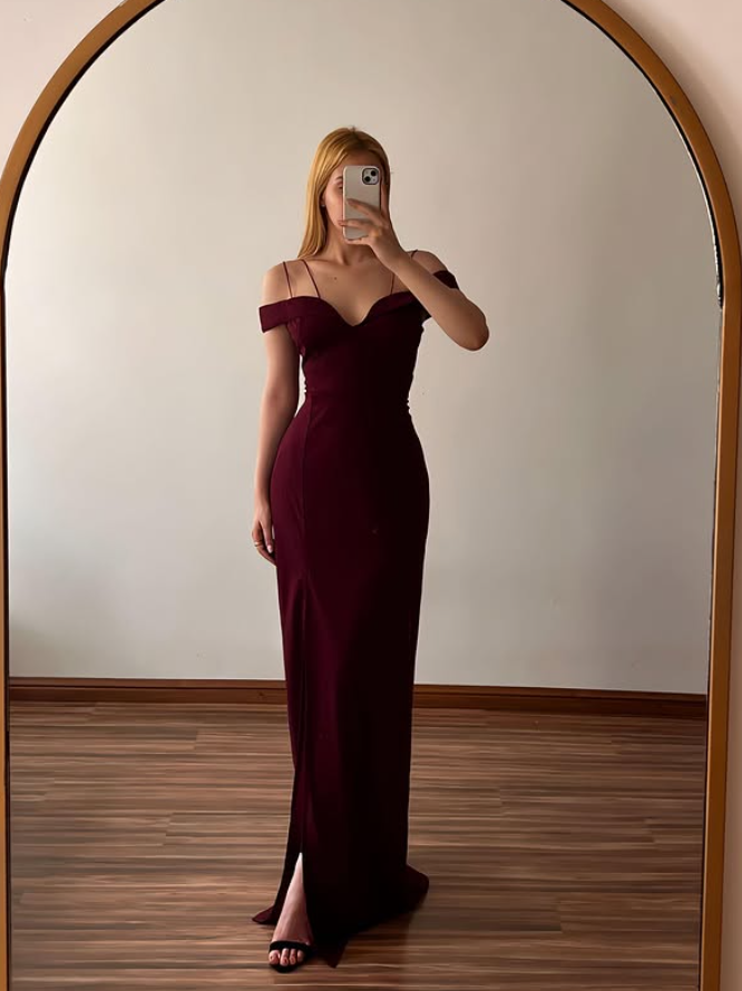 Burgundy Sheath Off the Shoulder Satin Long Prom Dress Evening Dress DP6504