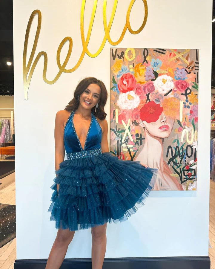 Stylish A Line Halter Neck Blue Short Homecoming Dress with Beading Ruffles DP7224