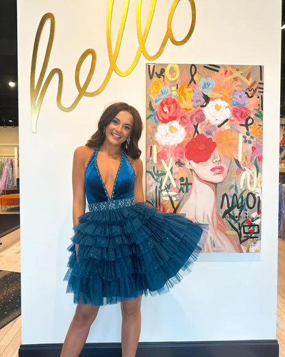 Stylish A Line Halter Neck Blue Short Homecoming Dress with Beading Ruffles DP7224