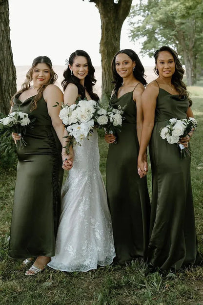 Hunter Green Silk Satin Cowl Neck Bridesmaid Dresses DP5570