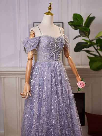 A Line Off the Shoulder Sequin Rhinestones Tulle Long Prom Dress Evening Dress DP1049