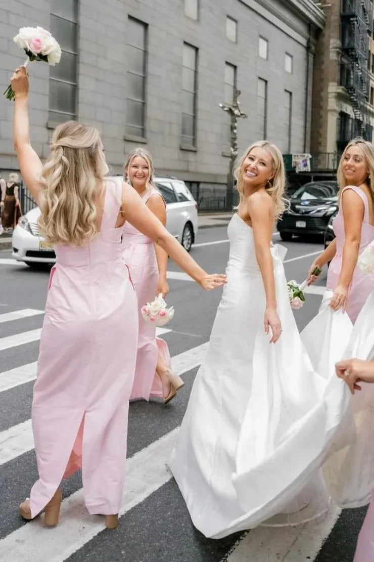 Pink Straps Sheath Square Neck Satin Sleeveless Long Bridesmaid Dress DP5552