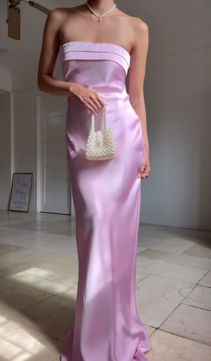 Sweety Sheath Strapless Pink Satin Open Back Long Graduation Prom Dress DP4878
