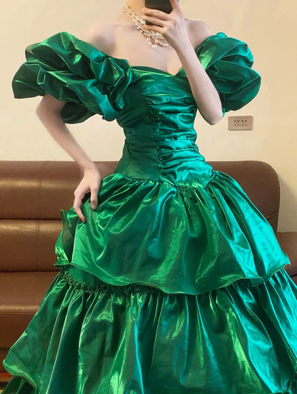 Stunning A Line Off the Shoulder Emerald Satin Long Sweep Party Dress Prom Dress DP2443