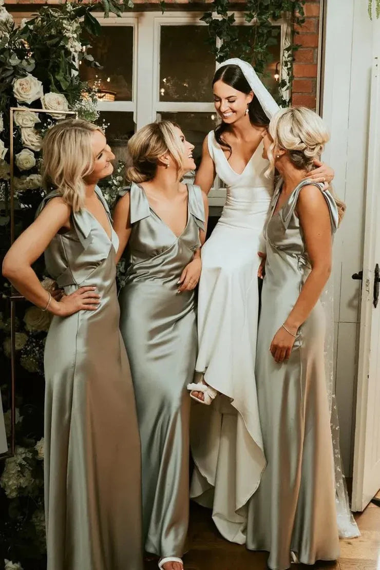 Sheath V Neck Sage Green Silk Satin Bridesmaid Dress with Bow DP5559