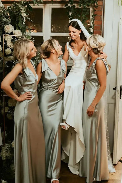 Sheath V Neck Sage Green Silk Satin Bridesmaid Dress with Bow DP5559