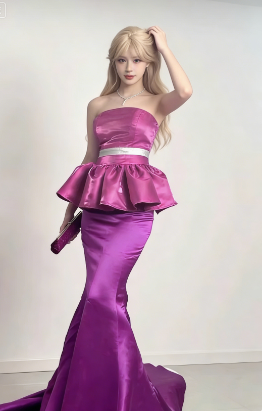 Barbie Pink Mermaid Strapless Satin Long Prom Dress Evening Dress DP3191