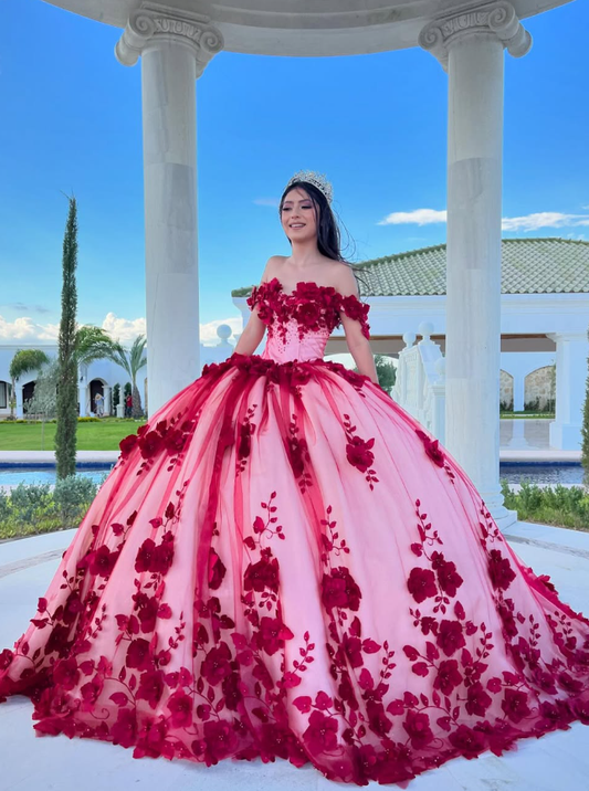 Stunning Burgundy Floral Off the Shoulder Tulle Ball Gown Sweet 16 Dress Quinceanera Dress DP3022