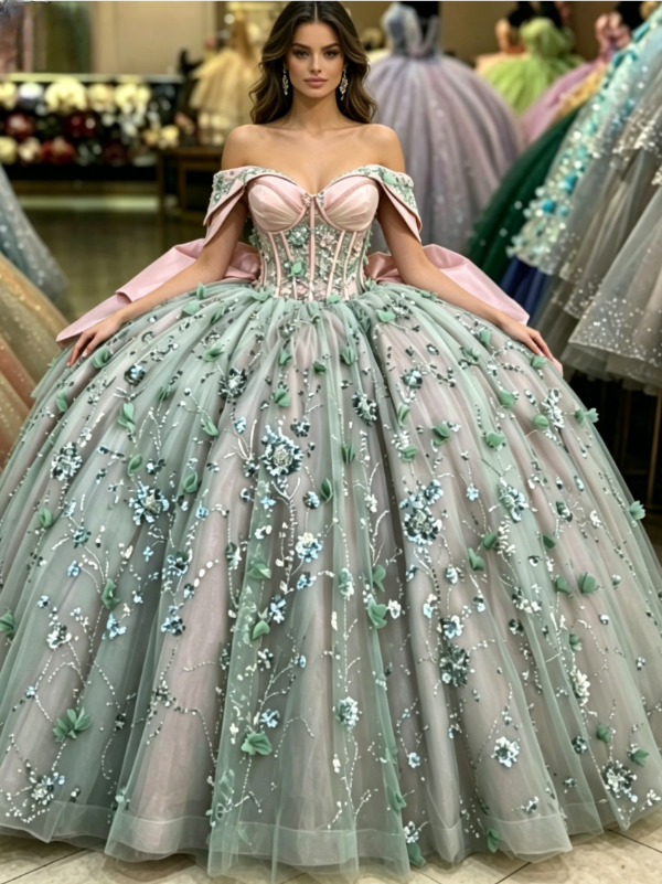 Pink Green Off the Shoulder Corset Sequin Tulle Ball Gown Sweet 16 Dre DaisyPromDress Pink Green Off the Shoulder Corset Sequin Tulle Ball Gown Sweet 16 Dre DaisyPromDress