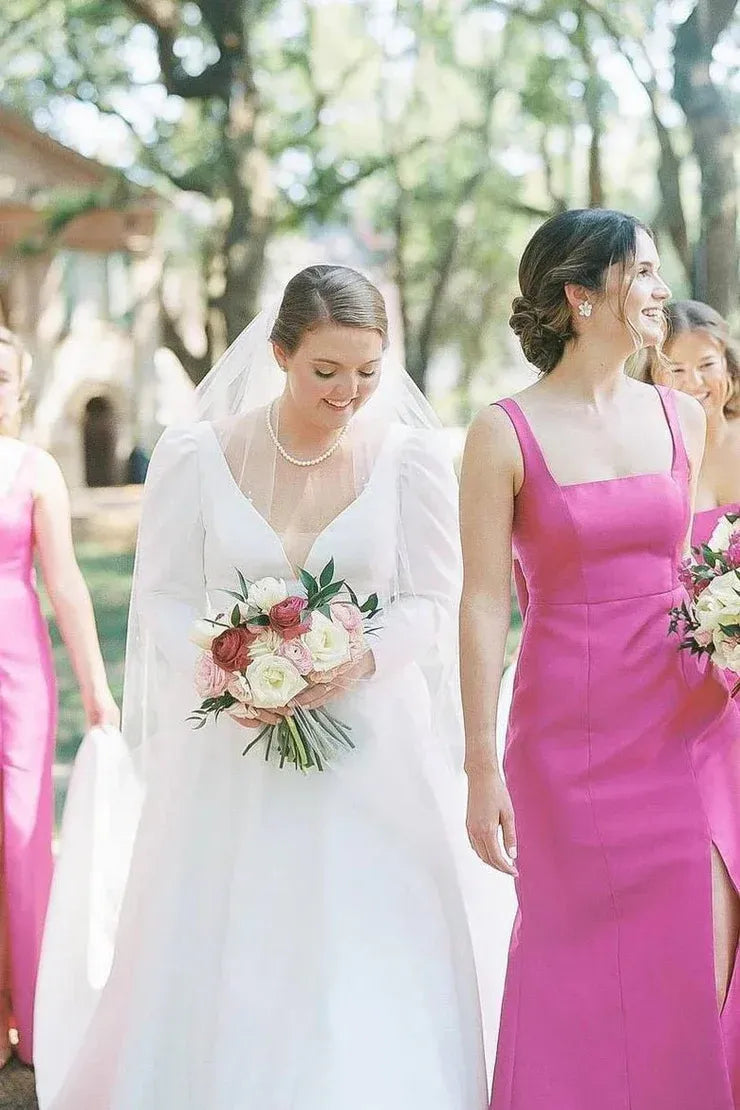 Sheath Square Neck Fuchsia Satin Bridesmaid Dresses with Bow DP5557