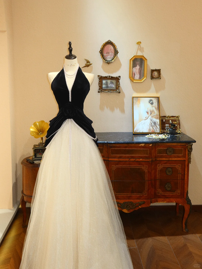 Classic A Line Halter Pearl Black Velvet White Tulle Prom Dress Evening Dress DP7046