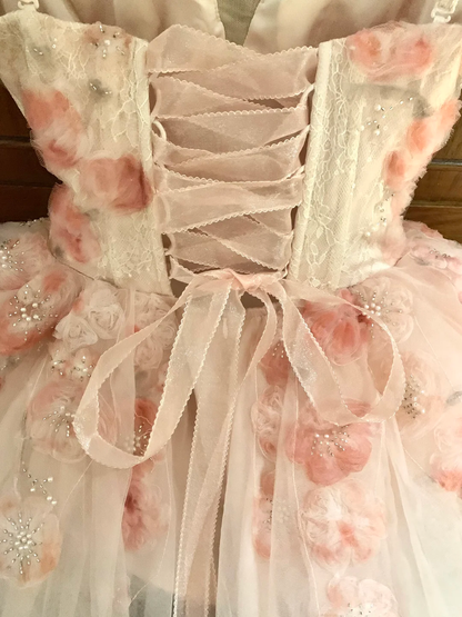 Pink Floral A Line Strapless Tulle Short Prom Dress Homecoming Dress DP5455