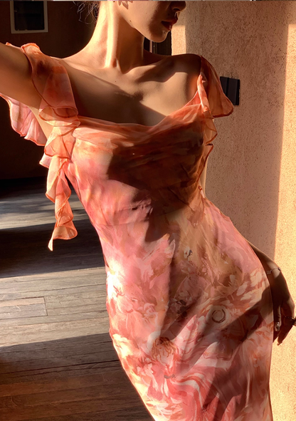 Stunning Sheath Off the Shoulder Print Floral Chiffon Prom Dress Party Dress Outfit DP3532