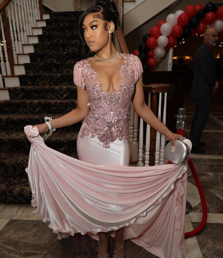 Gorgeous Mermaid V Neck Beaded Pink Satin Long Sweep Prom Dress Evening Dress DP1691