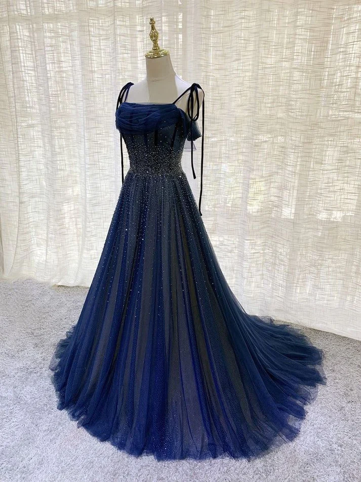 Charming Navy Blue Tulle Beaded Long Prom Dress Evening Dress Ball Gown Quinceanera Dress DP057