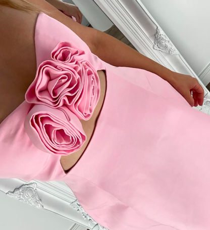 Pink A Line Strapless Floral Satin Short Prom Dress Homecoming Dress DP7461