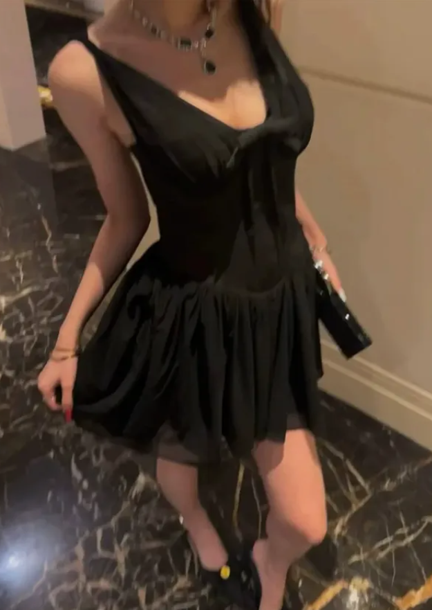 Sexy Black A Line Straps Beaded Chiffon Short Vacation Dress Outfits DP4897