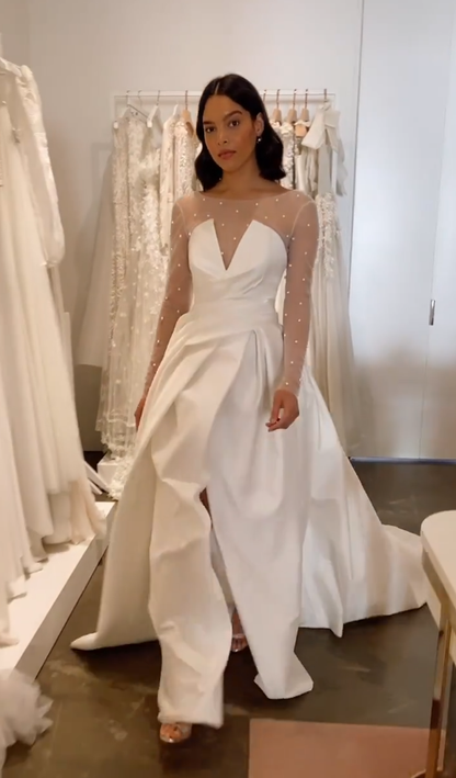 Elegant Ball Gown Long Sleeve Pearl White Tulle Satin Long Wedding Dress with Slit DP4302