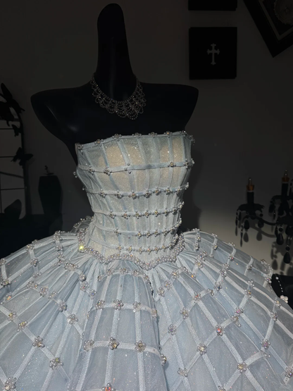 Luxurious Baby Blue Ball Gown Strapless Beaded Tulle Prom Dress Evening Dress DP6985