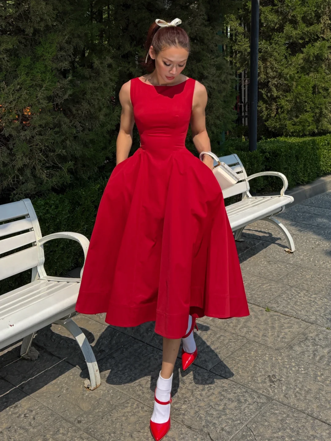 Charming Red A Line Round Neck Satin Tea Length Prom Dress Homecoming Dress DP3755