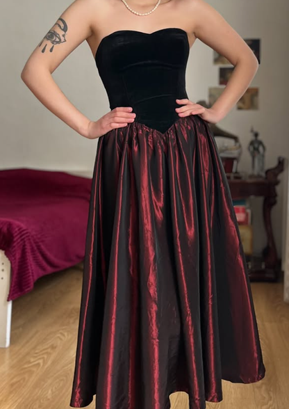 Vintage A Line Strapless Black Velvet Burgundy Satin Prom Dress Evening Dress DP5724