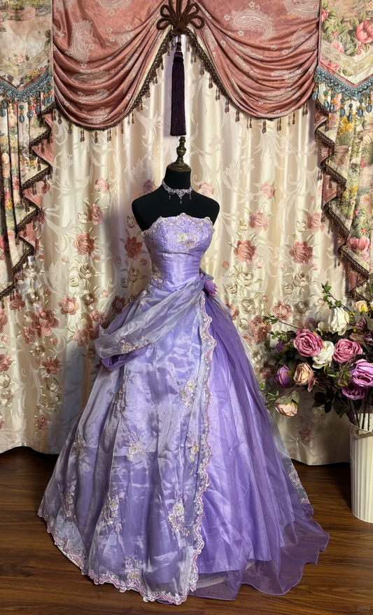 Pretty Purple Ball Gown Strapless Floral Embroidery Organza Satin Prom Dress Party Dress DP3183