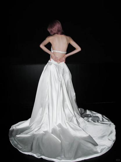 Stunning A Line Halter White Satin Backless Long Wedding Dress DP5201